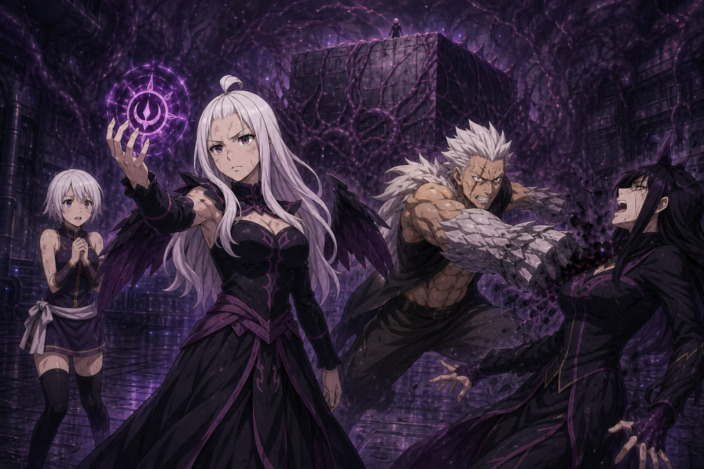 Mirajane using Seilah's Macro to call Beast Soul Elfman as Cube begins transforming into Plutogrim