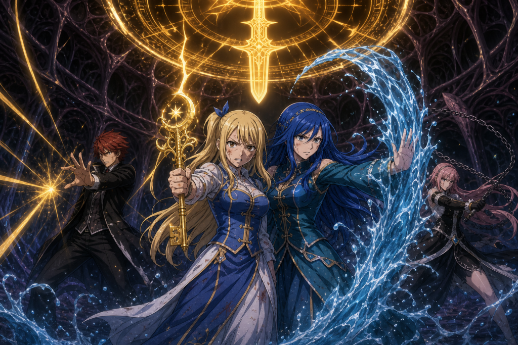 Lucy holding Aquarius's breaking Gold Key while Aquarius, Loke, and Virgo defend her inside Plutogrim