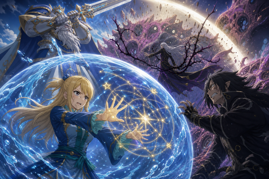 Lucy casting Urano Metria inside an Aquarius water barrier while the Celestial Spirit King faces Mard Geer above Plutogrim
