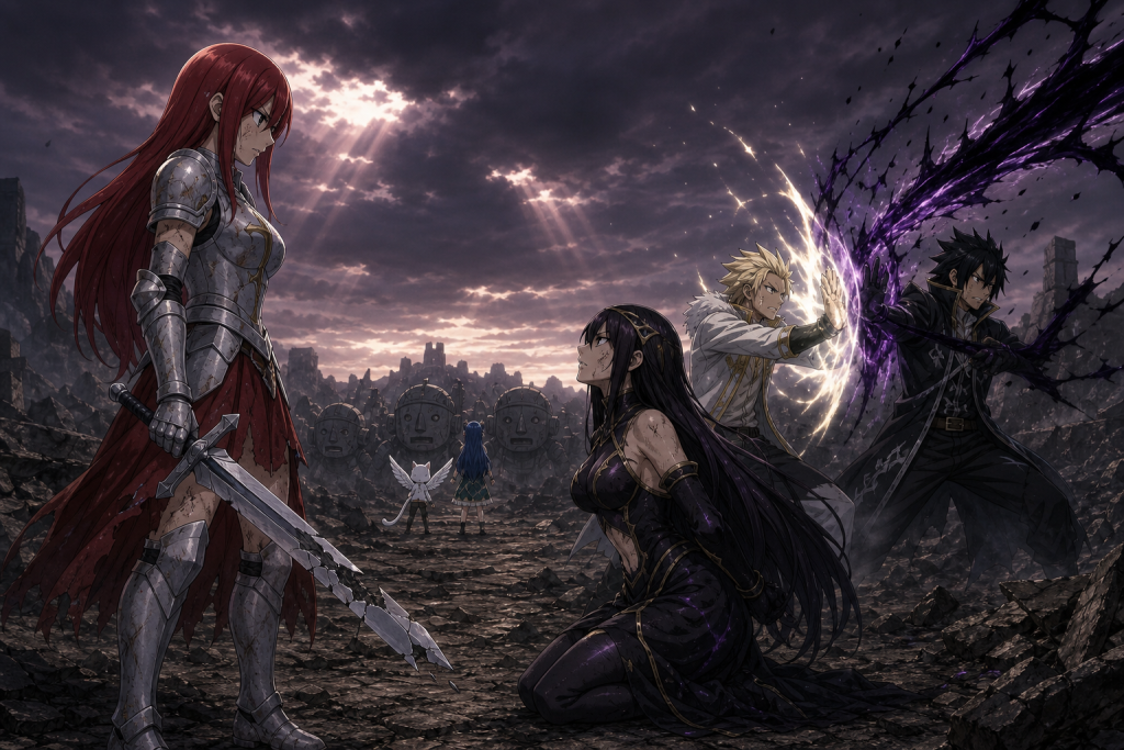 Erza lowering her broken sword before defeated Neo Minerva as Sting and Rogue arrive to protect her