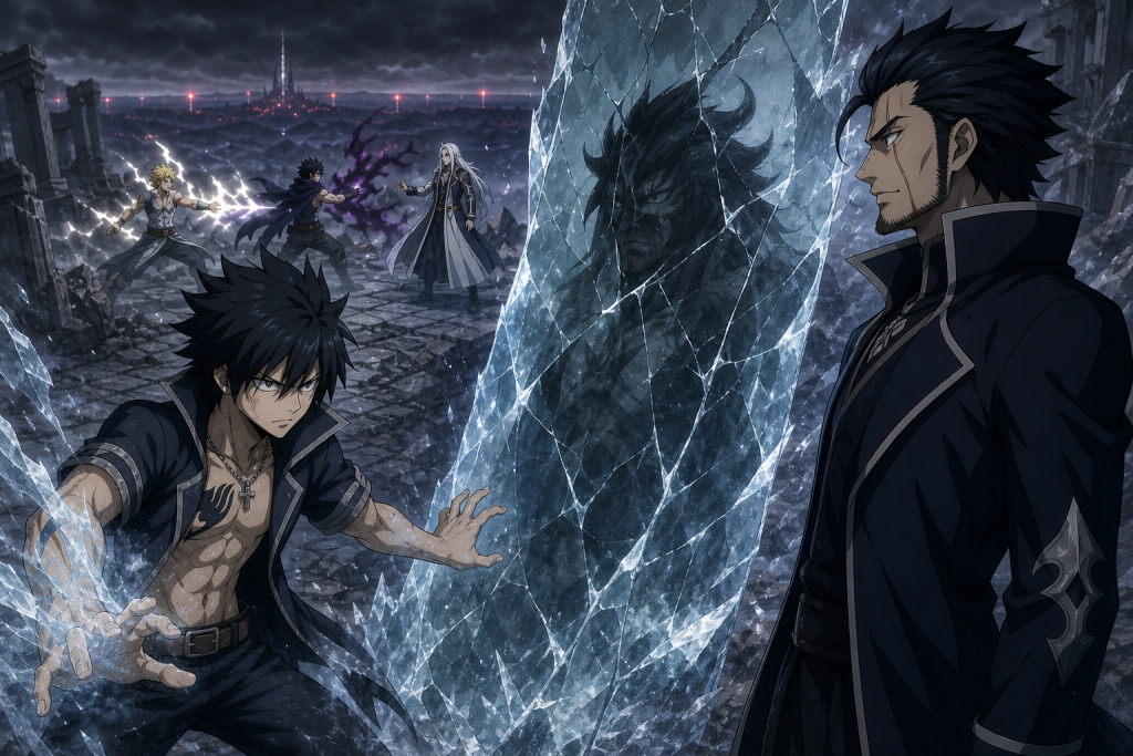 Gray confronting Silver beneath an icy image of Deliora while Sting and Rogue battle Mard Geer in the distance