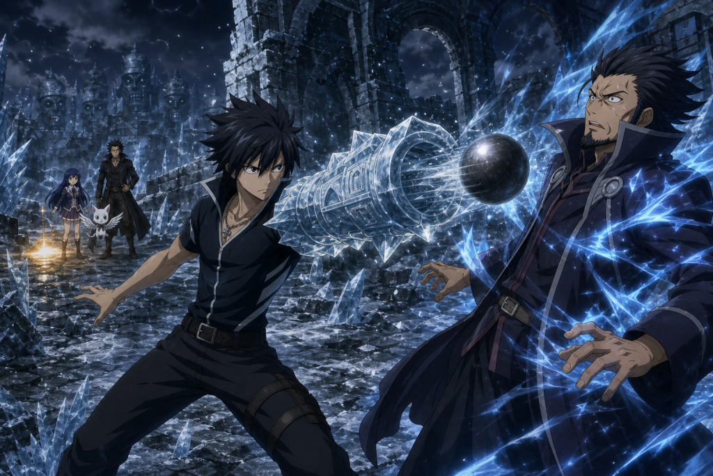 Gray launching a steel ball with an Ice-Make vambrace at Silver across a frozen Tartaros battlefield