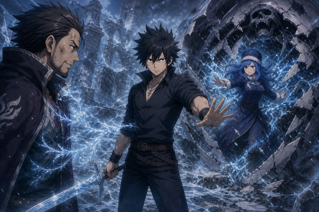 Gray lowering an ice sword before Silver while Juvia breaks through Keyes in a surge of water