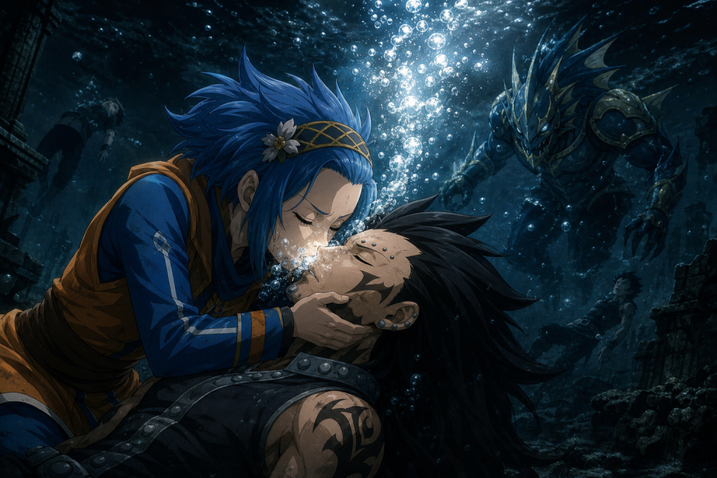 Levy giving submerged Gajeel air as Torafuzar approaches through poisonous black water