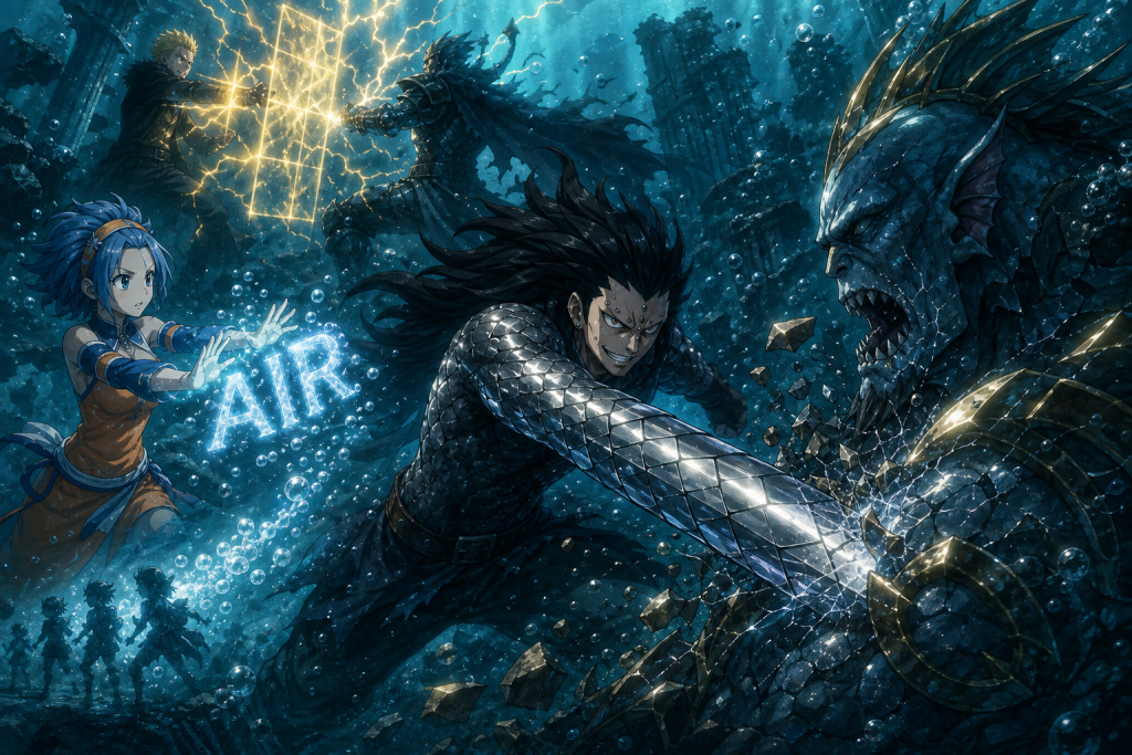 Steel-scaled Gajeel breaking Torafuzar's armor while Levy creates glowing air letters underwater