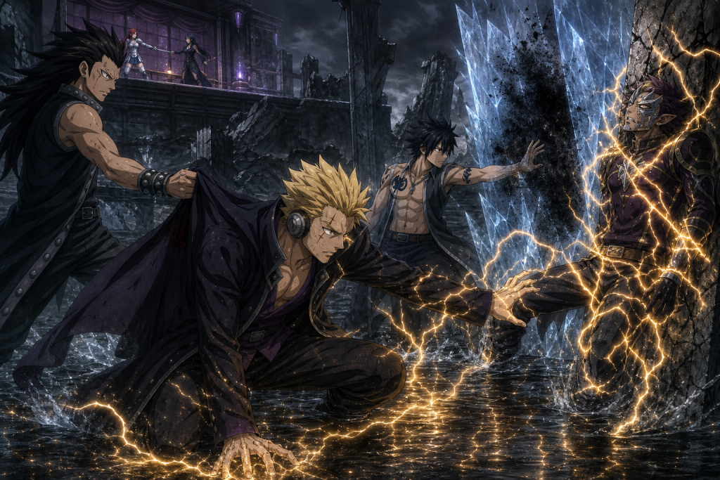 Poisoned Laxus pinning Tempester with conducted lightning as Gray freezes released particles