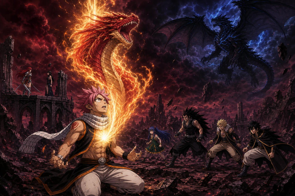 Igneel emerging in fire from Natsu as Acnologia descends over the ruined Tartaros battlefield