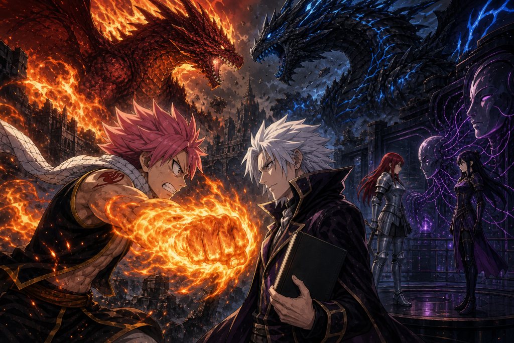 Natsu striking toward Mard Geer and the Book of E.N.D. while Igneel battles Acnologia overhead