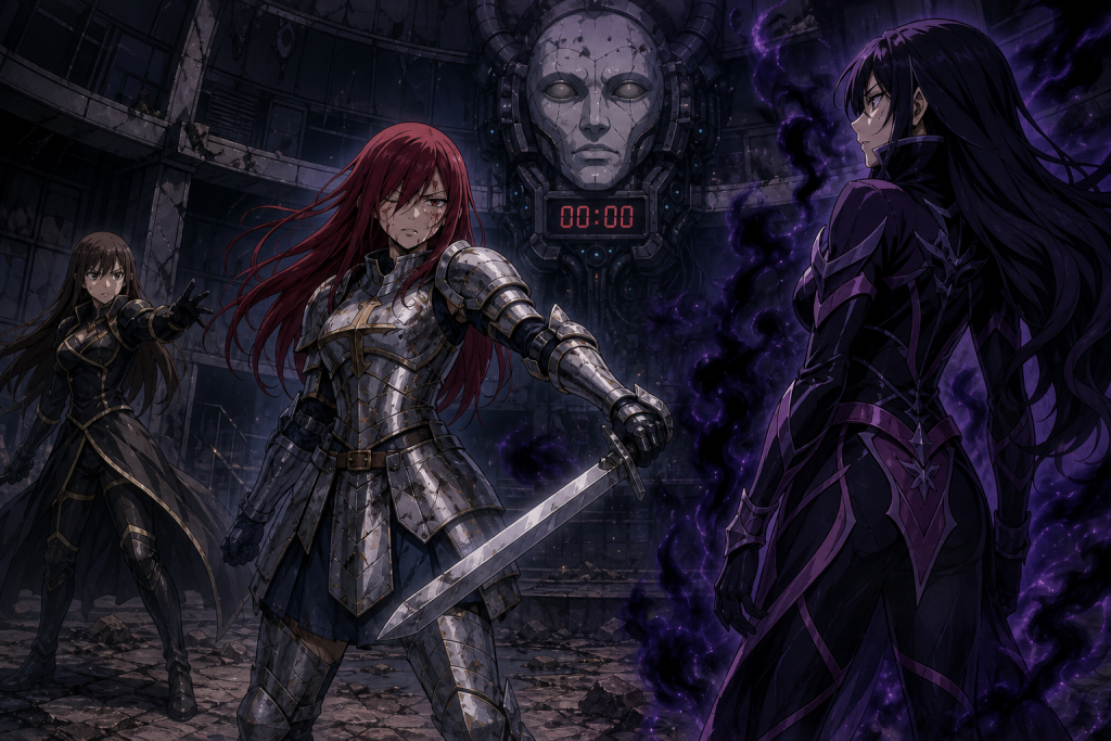 Erza Scarlet fighting Etherious Kyoka as the Face countdown reaches zero in an original Fairy Tail Episode 259 fan editorial image