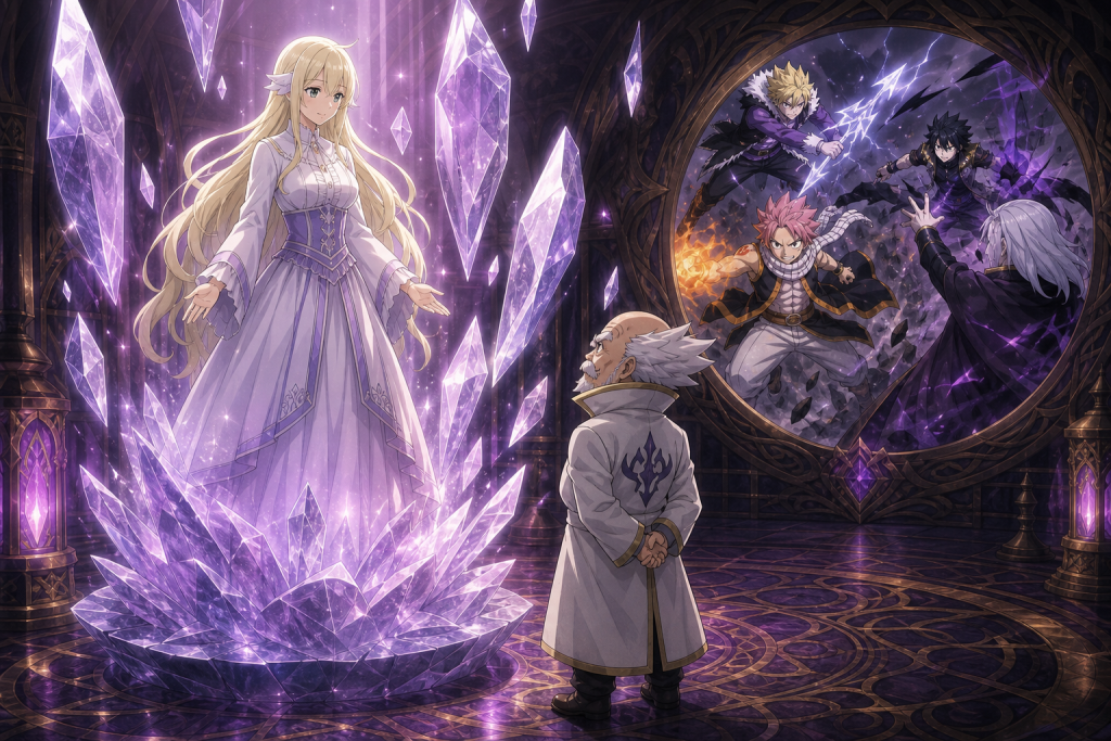 Makarov facing Mavis inside crystal while Natsu, Sting, and Rogue battle Mard Geer in an original Fairy Tail Episode 260 fan editorial image