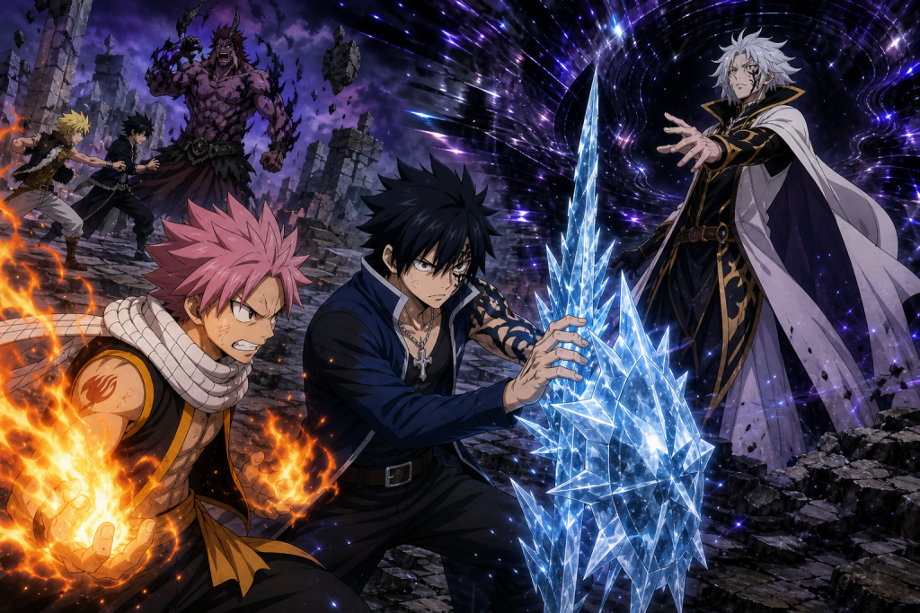 Natsu and Gray face Mard Geer's Memento Mori while Sting and Rogue battle Jiemma in an original Fairy Tail Episode 262 fan editorial image
