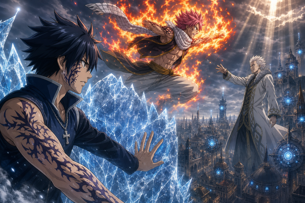 Gray shields Natsu as Natsu enters Dragon Force against Mard Geer and Face activates across Ishgar in an original Fairy Tail Episode 263 fan editorial image