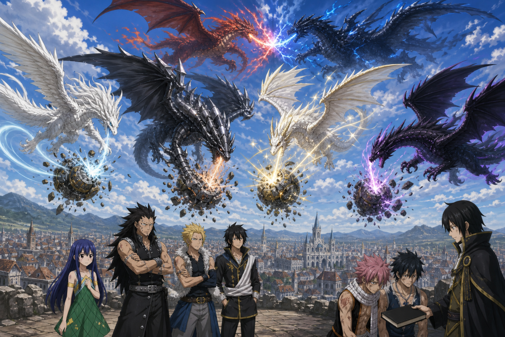 Grandeeney, Metalicana, Weisslogia, and Skiadrum destroy Face across Ishgar while Igneel fights Acnologia in an original Fairy Tail Episode 264 fan editorial image