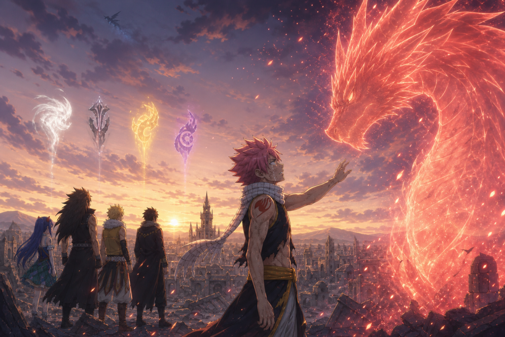 Natsu reaches toward Igneel's fading soul after the battle with Acnologia in an original Fairy Tail Episode 265 fan editorial image