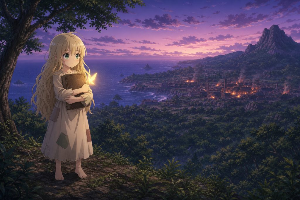 Young Mavis protects a book and imagines a glowing fairy as Red Lizard burns on Tenrou Island in an original Fairy Tail Episode 266 fan editorial image