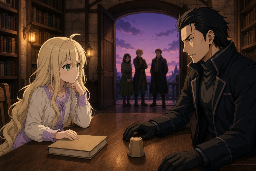 Thirteen-year-old Mavis faces Yuri across a truth-game table in the Tenrou Island library in an original Fairy Tail Episode 267 fan editorial image