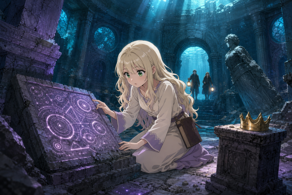 Mavis deciphers glowing ancient symbols beside a submerged temple crown while Yuri and Warrod approach in an original Fairy Tail Episode 268 fan editorial image