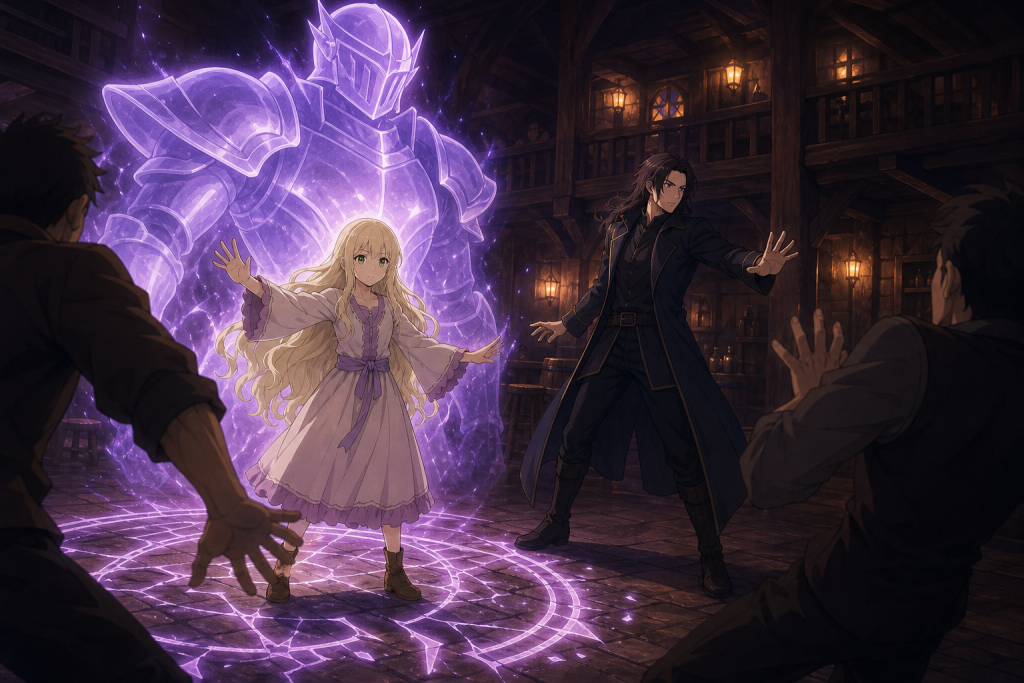 Mavis projects a grand lavender knight illusion while Precht guards her inside a shadowed Hargeon tavern in an original Fairy Tail Episode 269 fan editorial image