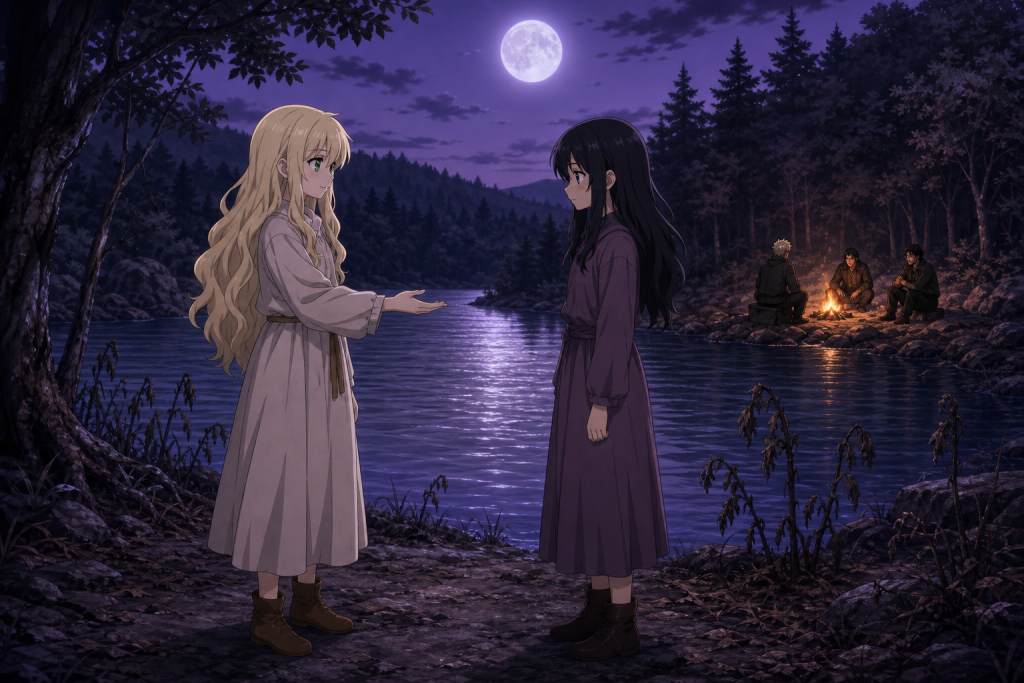 Mavis reassures Zera beside a moonlit forest lake while Yuri, Precht, and Warrod share a distant campfire in an original Fairy Tail Episode 270 fan editorial image