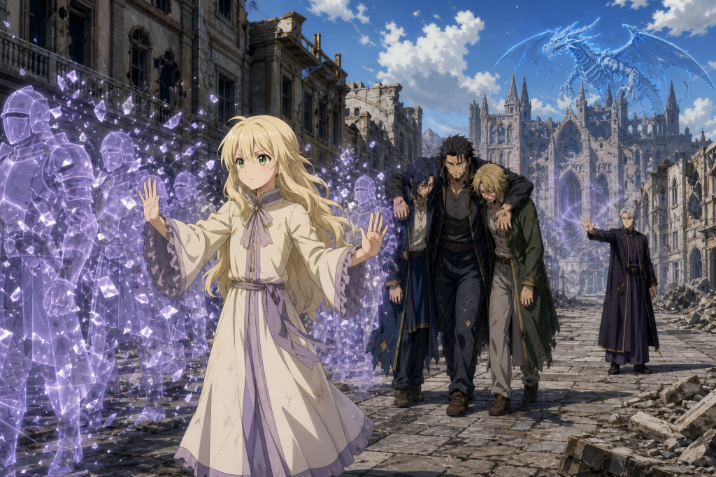 Mavis's lavender phantom soldiers dissolve before Geoffrey while Warrod helps injured Yuri and Precht retreat through occupied Magnolia in an original Fairy Tail Episode 271 fan editorial image