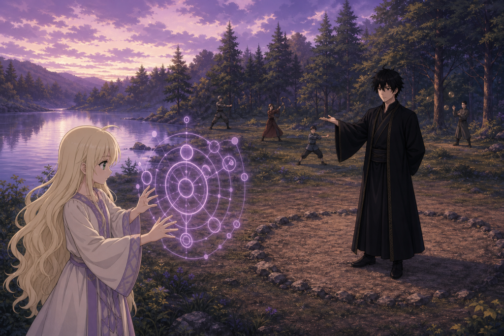 Young Mavis studies a floating lavender magic diagram while the unnamed black-haired mage teaches from a safe distance beside a forest lake in an original Fairy Tail Episode 272 fan editorial image