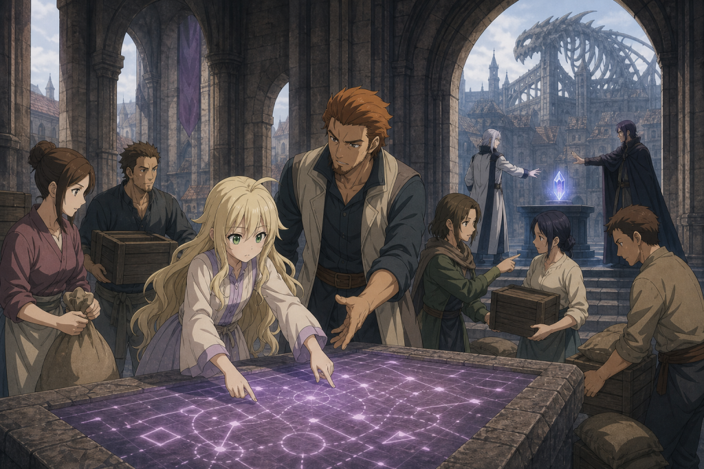 Mavis directs a lavender illusion map while Magnolia residents mobilize and Yuri reaches for the glowing Tenrou Jade inside Kardia Cathedral in an original Fairy Tail Episode 273 fan editorial image