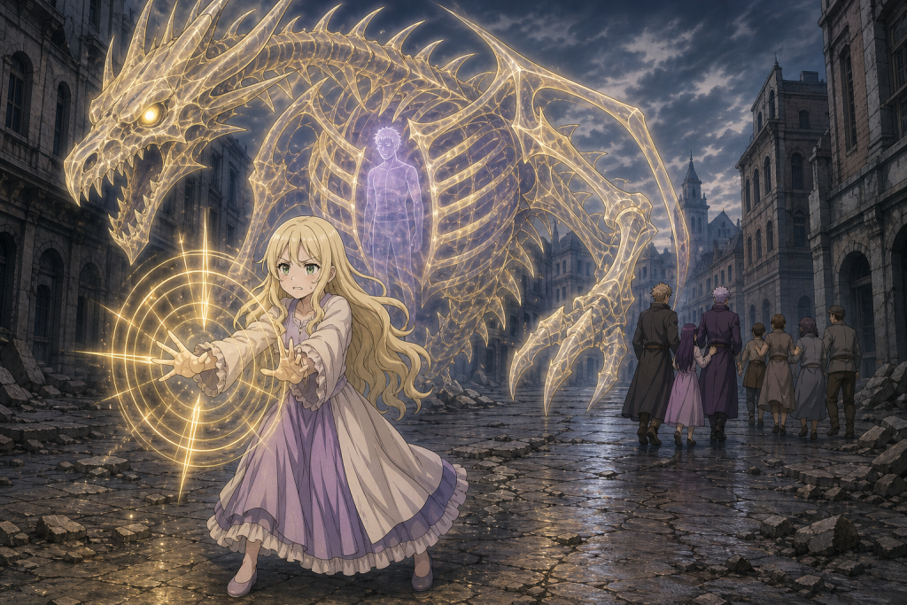 Mavis casts an unfinished golden Law beneath the possessed skeletal dragon Yuri while Magnolia evacuates in an original Fairy Tail Episode 274 fan editorial image