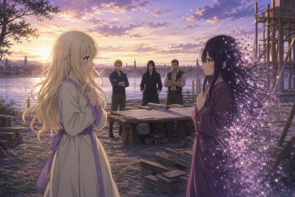 Mavis says goodbye to a fading Zera at the future Fairy Tail guild site while Yuri, Precht, and Warrod wait at dawn in an original Fairy Tail Episode 275 fan editorial image
