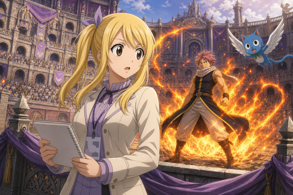 Lucy reporting at the Grand Magic Games as Natsu returns in a burst of fire in an original Fairy Tail Episode 276 fan editorial image