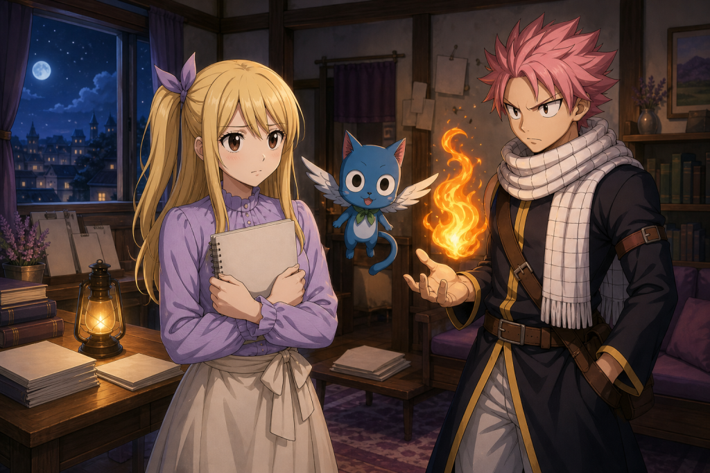 Lucy watches Natsu create a controlled flame as Happy stands with them in her apartment in an original Fairy Tail Episode 277 fan editorial image