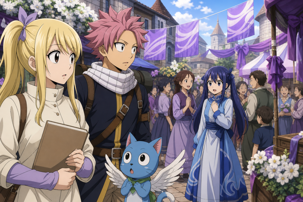 Lucy, Natsu, and Happy arrive at Lamia Scale's lavender festival and see Wendy within her Margaret community in an original Fairy Tail Episode 278 fan editorial image