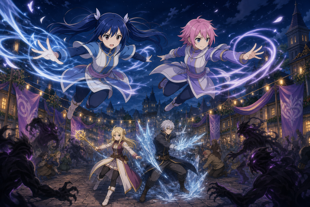 Wendy and Sherria fly together above Margaret while Lucy and Lyon protect the festival streets in an original Fairy Tail Episode 279 fan editorial image