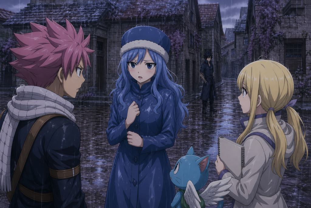 Juvia speaks with Natsu, Lucy, and Happy in the rainy abandoned village while Gray appears in a distant alley in an original Fairy Tail Episode 280 fan editorial image