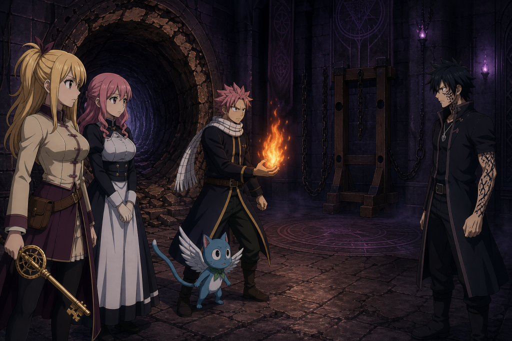 Lucy and Virgo open a tunnel into Avatar's underground chamber as Natsu, Happy, and Gray face the clash in an original Fairy Tail Episode 281 fan editorial image