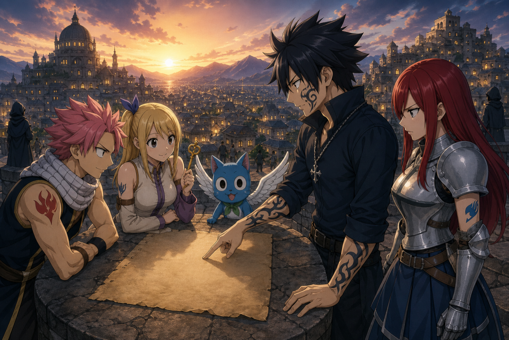Gray and Erza reveal the Avatar plan over a blank map as Natsu, Lucy, and Happy prepare to protect Malba in an original Fairy Tail Episode 282 fan editorial image