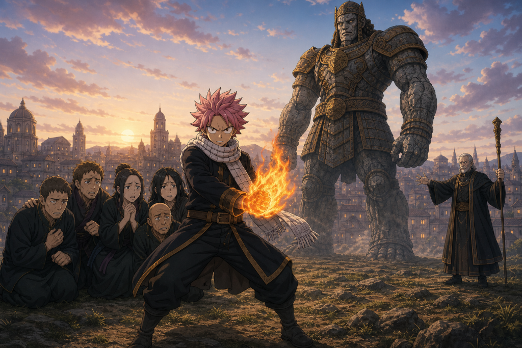 Natsu stands between frightened Avatar followers and the towering Ikusatsunagi as Arlock directs the ritual in an original Fairy Tail Episode 283 fan editorial image