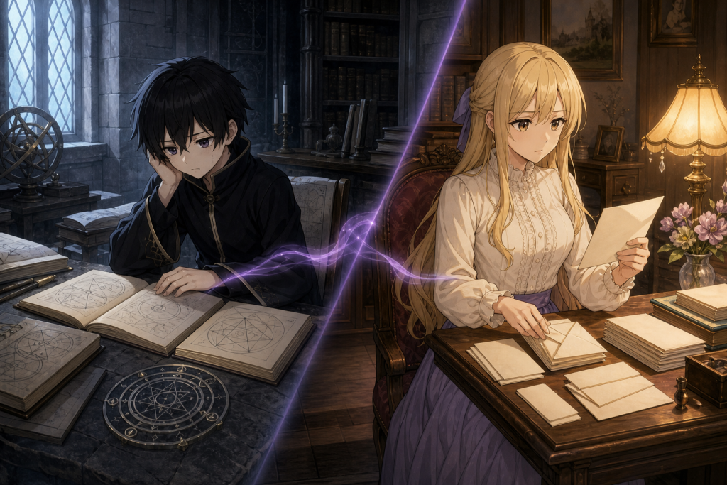 Young Zeref studies abstract forbidden magic diagrams in a memory while Lucy writes blank guild invitations in the present in an original Fairy Tail Episode 284 fan editorial image