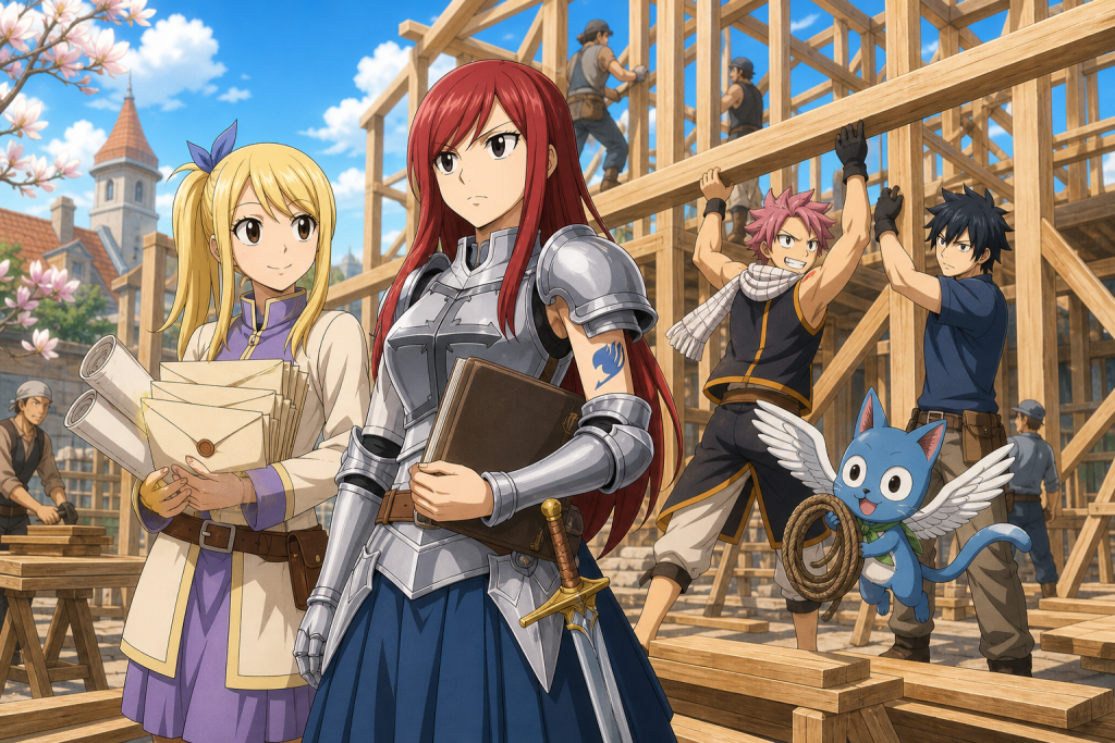 Erza stands as Seventh Master beside Lucy's invitations while Natsu, Gray, Happy, and guild workers rebuild the hall in an original Fairy Tail Episode 285 fan editorial image