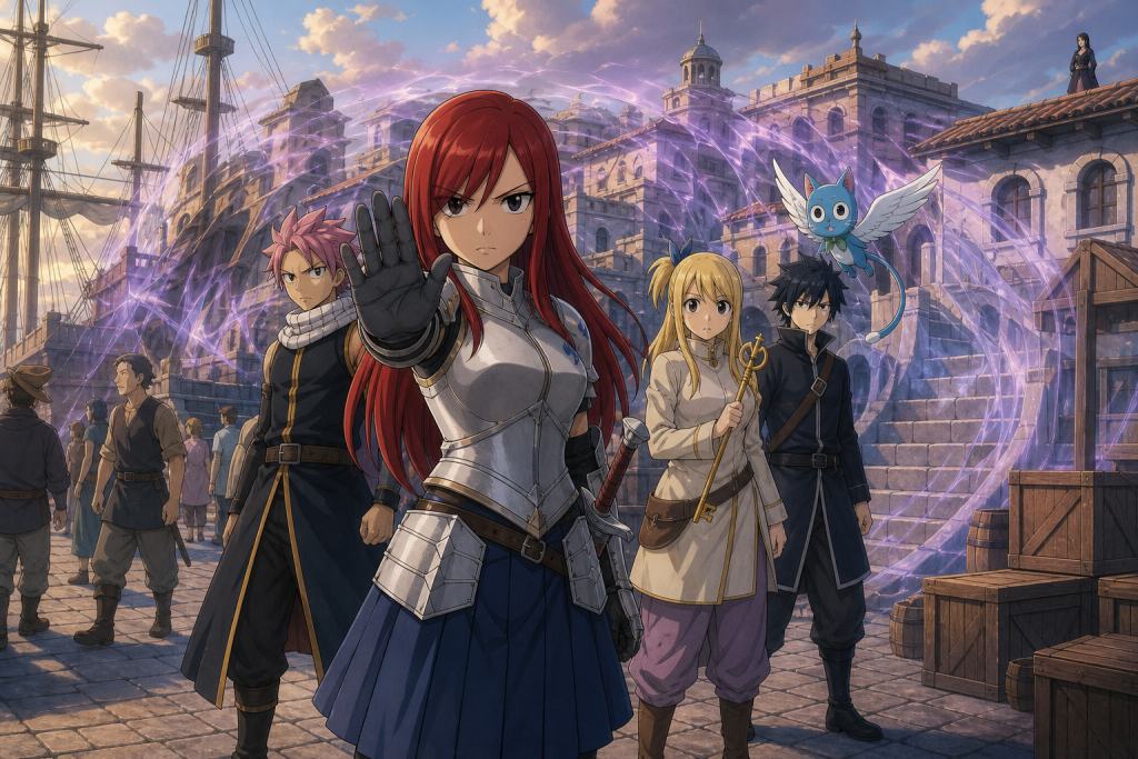 Erza leads Natsu, Lucy, Gray, and Happy onto Caracol Island as space bends around the port in an original Fairy Tail Episode 286 fan editorial image