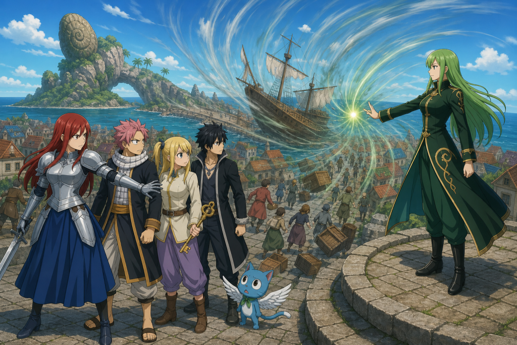 Erza, Natsu, Lucy, Gray, and Happy face Brandish on Caracol Island as the harbor compresses toward her magic in an original Fairy Tail Episode 287 fan editorial image