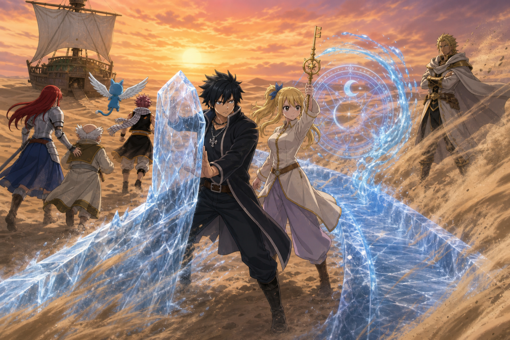 Gray and Lucy defend Fairy Tail's escape route from Ajeel's desert magic as Erza leads Makarov, Natsu, and Happy toward safety in an original Fairy Tail Episode 288 fan editorial image