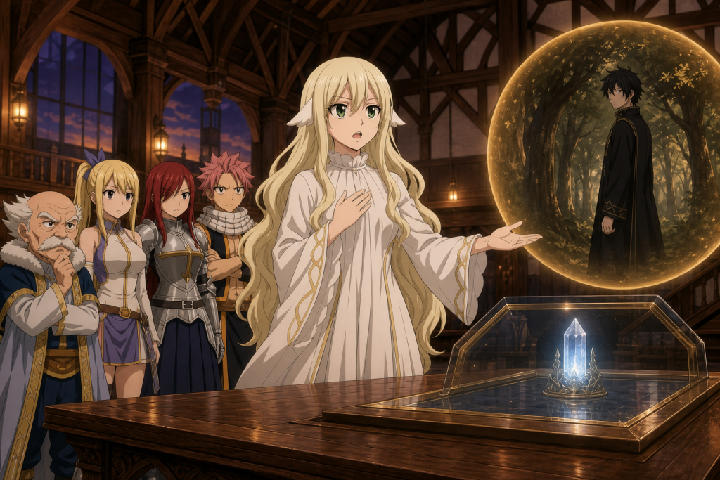 Mavis reveals Fairy Tail's hidden history in the guild hall as a restrained memory of Zeref appears beyond the listening members in an original Fairy Tail Episode 289 fan editorial image