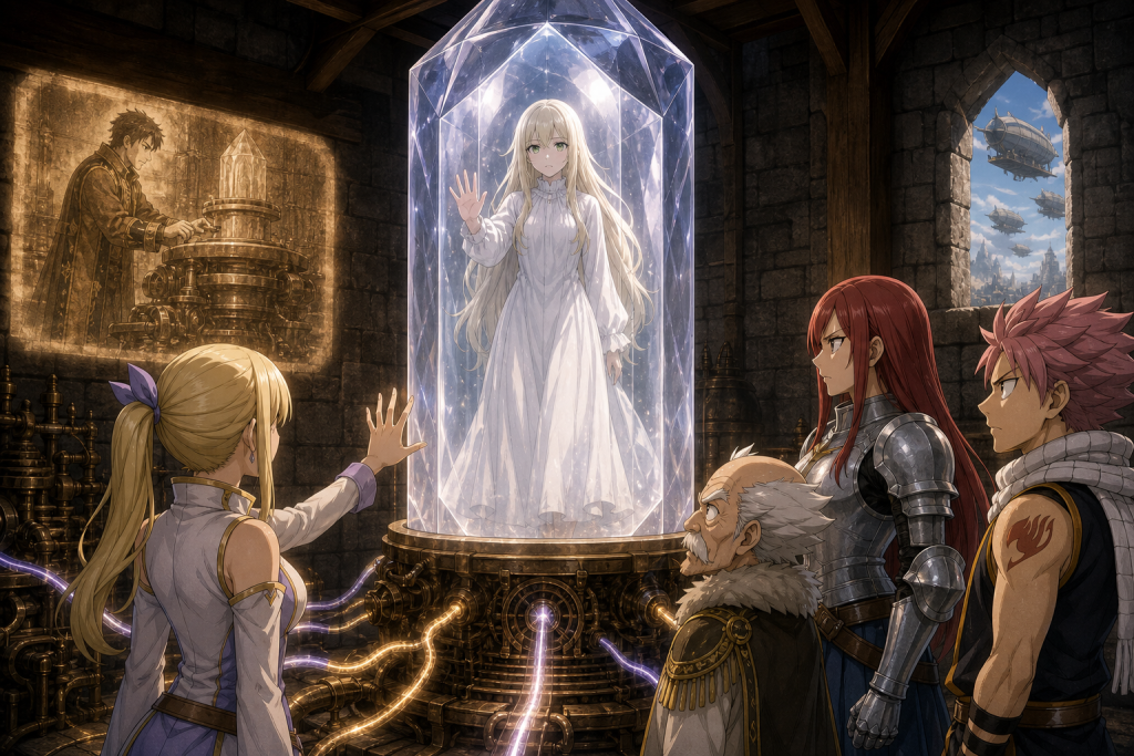 Mavis appears conscious within the revealed Fairy Heart crystal while Lucy, Erza, Makarov, and Natsu recognize the person inside the guild's secret in an original Fairy Tail Episode 290 fan editorial image