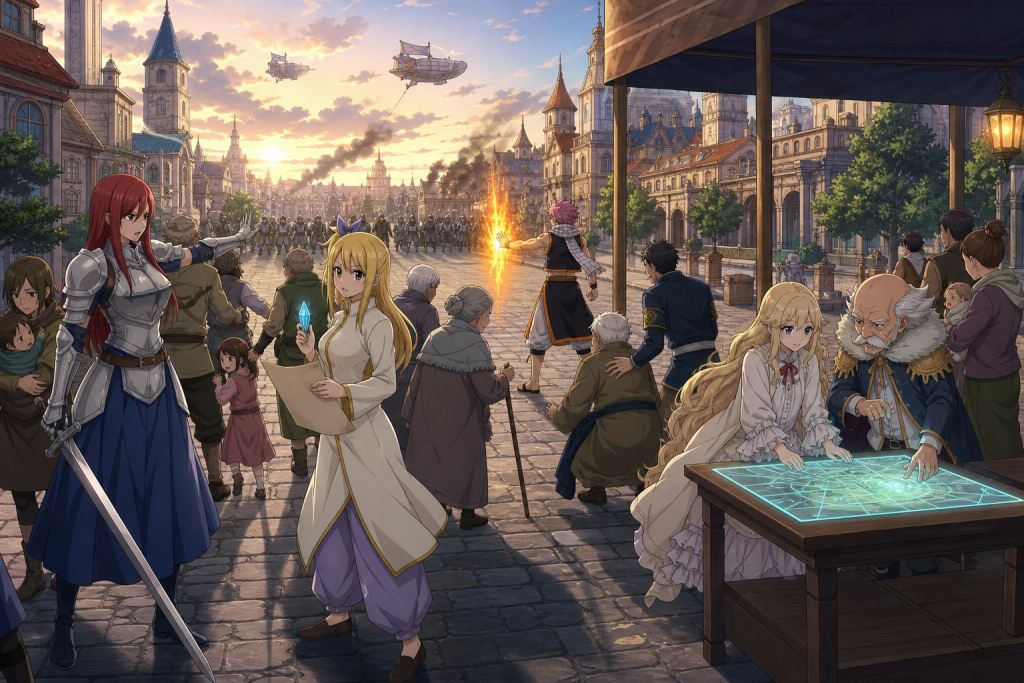Erza directs Fairy Tail members and Magnolia civilians during Alvarez's surprise attack while Mavis revises the defense map in an original Fairy Tail Episode 291 fan editorial image