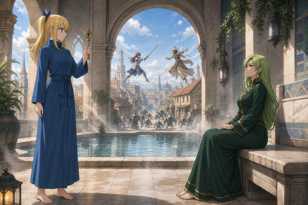 Lucy faces Brandish in a privacy-conscious bathhouse courtyard while Erza battles Ajeel above occupied Magnolia streets in an original Fairy Tail Episode 292 fan editorial image
