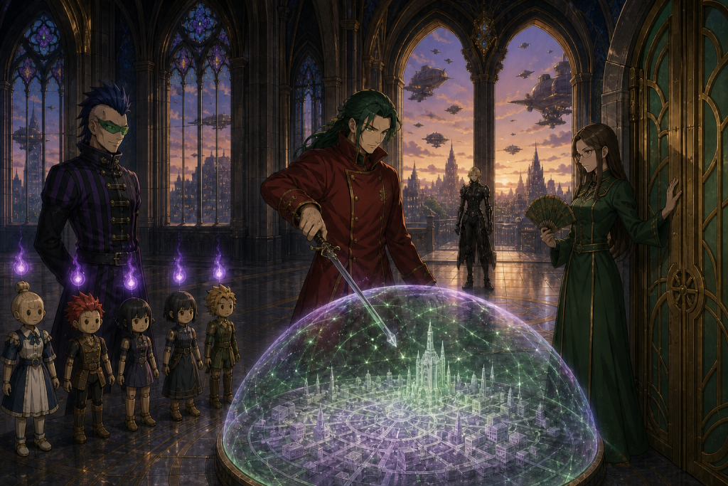 Freed maintains Magnolia's rune barrier inside Kardia Cathedral while Bickslow and Evergreen defend him from Wahl in an original Fairy Tail Episode 293 fan editorial image