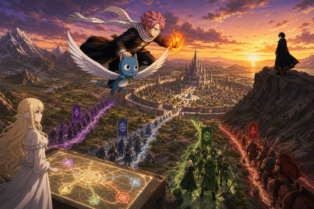 Natsu and Happy fly west toward Zeref while Mavis coordinates allied Fiore guilds defending Magnolia below in an original Fairy Tail Episode 294 fan editorial image