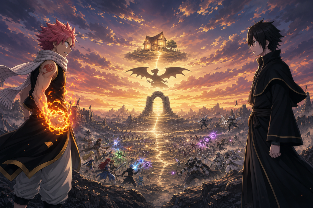 Natsu faces Zeref across a fractured four-hundred-year memory path while Fiore guilds battle Alvarez below in an original Fairy Tail Episode 295 fan editorial image