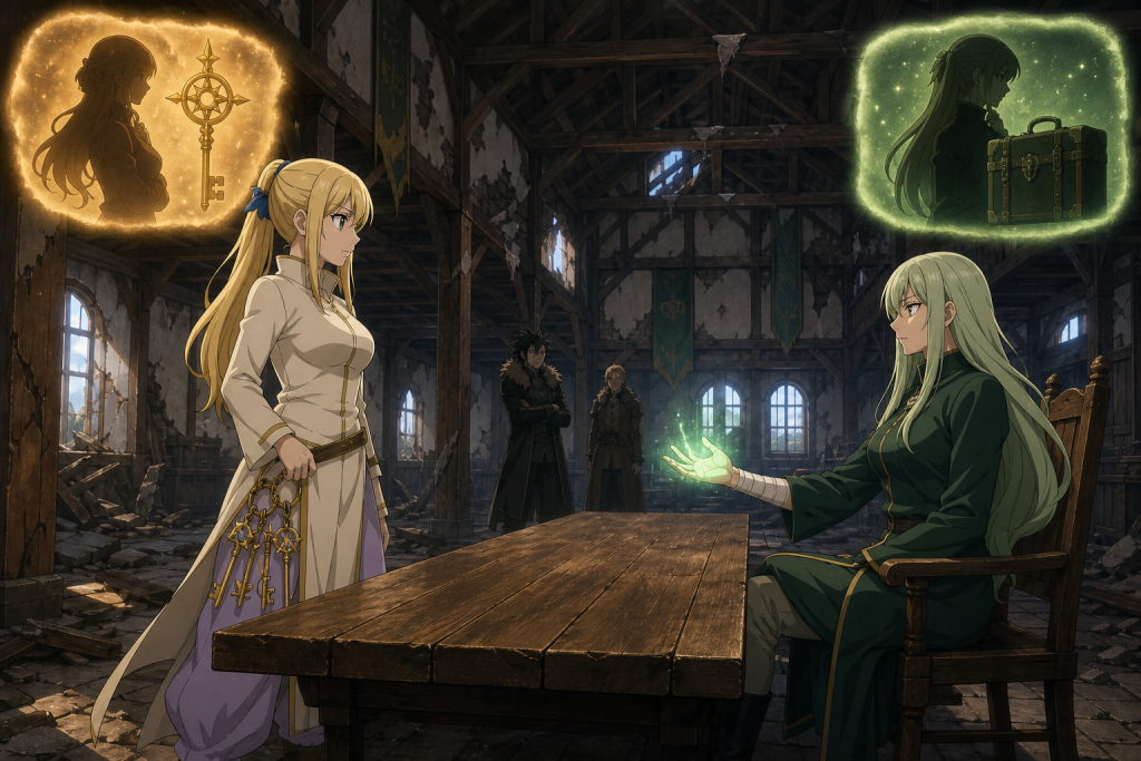 Lucy listens to a bandaged Brandish inside the Fairy Tail guild as separate memories of their mothers divide the space between them in an original Fairy Tail Episode 296 fan editorial image