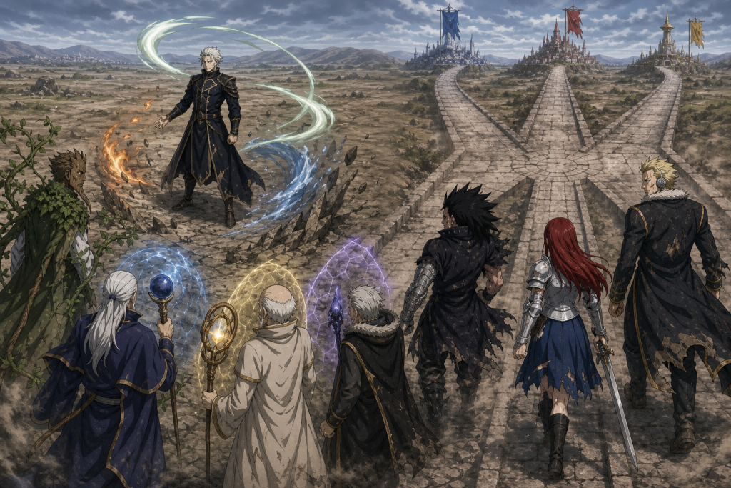 God Serena pressures Ishgar's four senior defenders while worn Gajeel, Erza, and Laxus split toward distant fronts in an original Fairy Tail Episode 297 fan editorial image